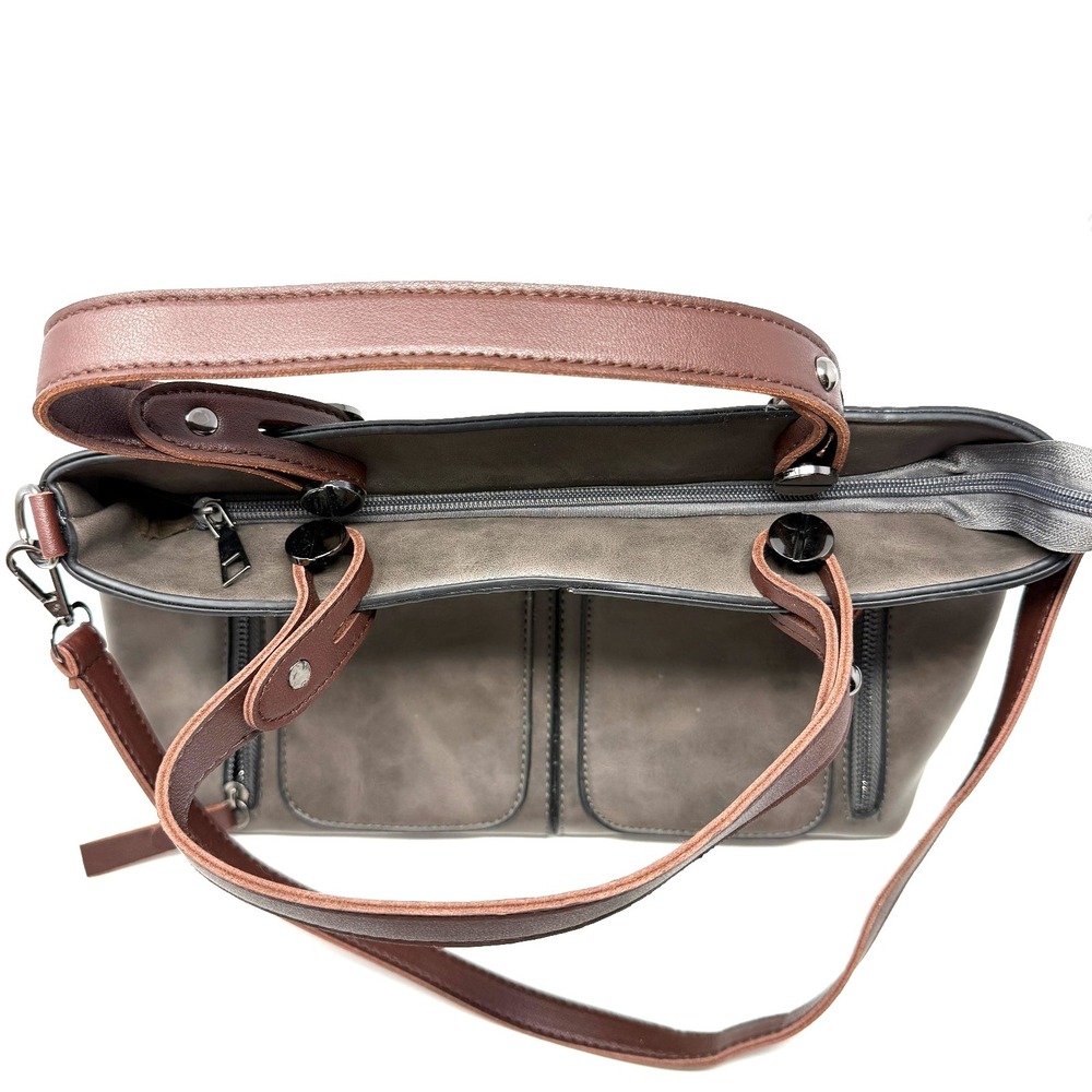 Gray Leather Tote Bag Brown Strap Large Zip Pocket Shoulder Bag - Picture 7 of 15